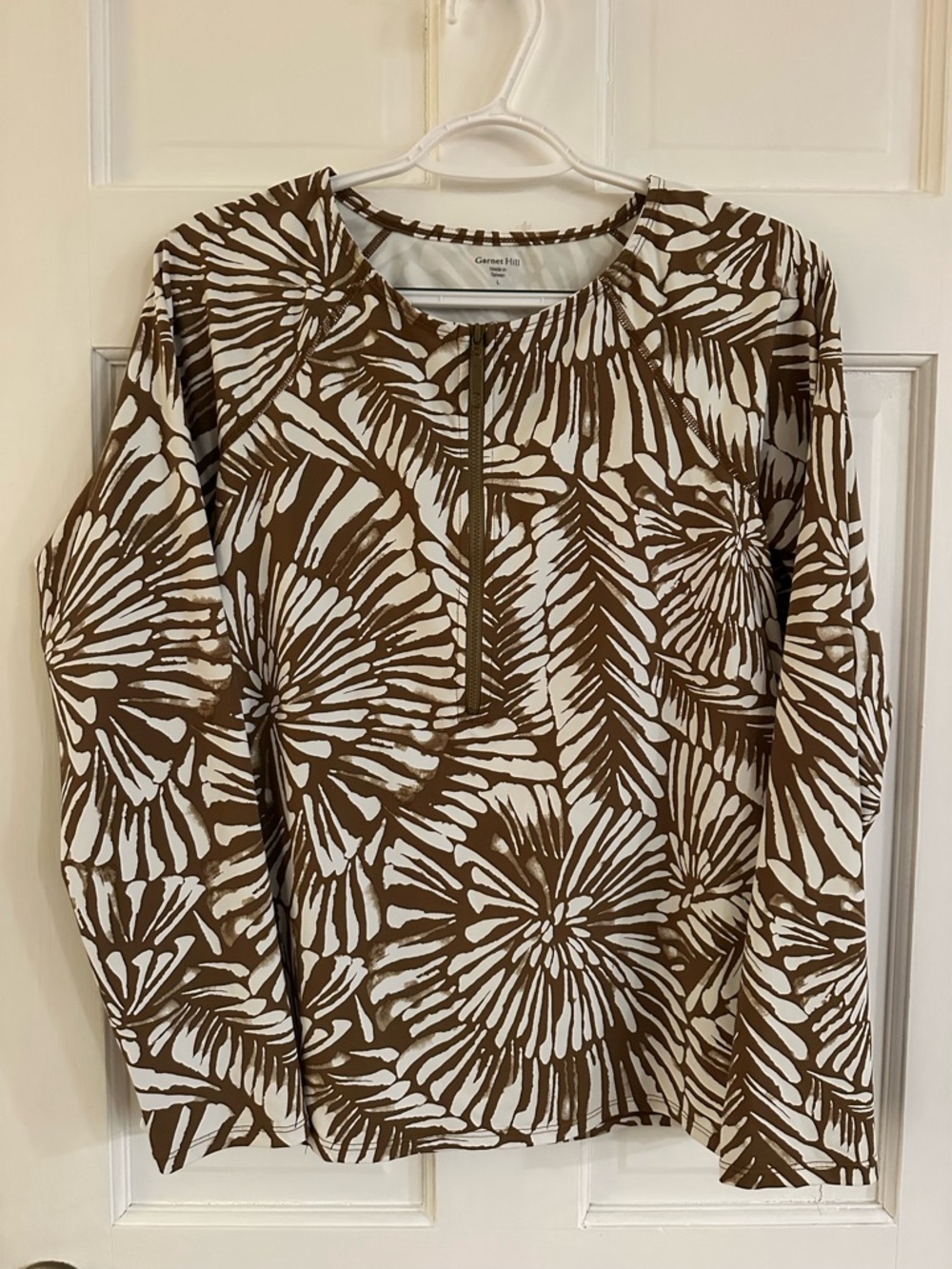Garnet Hill Long Sleeve Zip-Front Rashguard Swim Top Palm Olive Green/Brown L